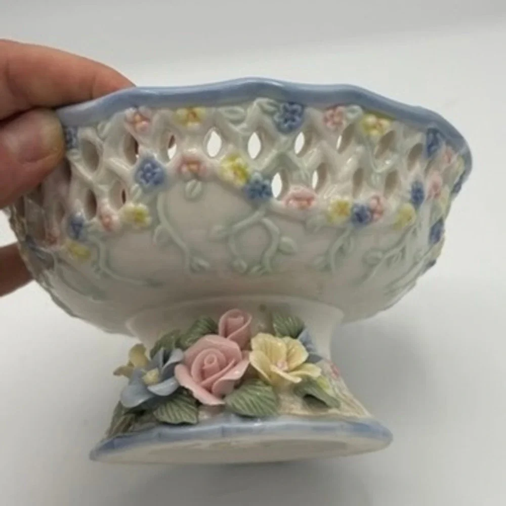 Cottagecore Porcelain Pedestal Candy Bowl Blue Floral Lattice Reticulated Dish